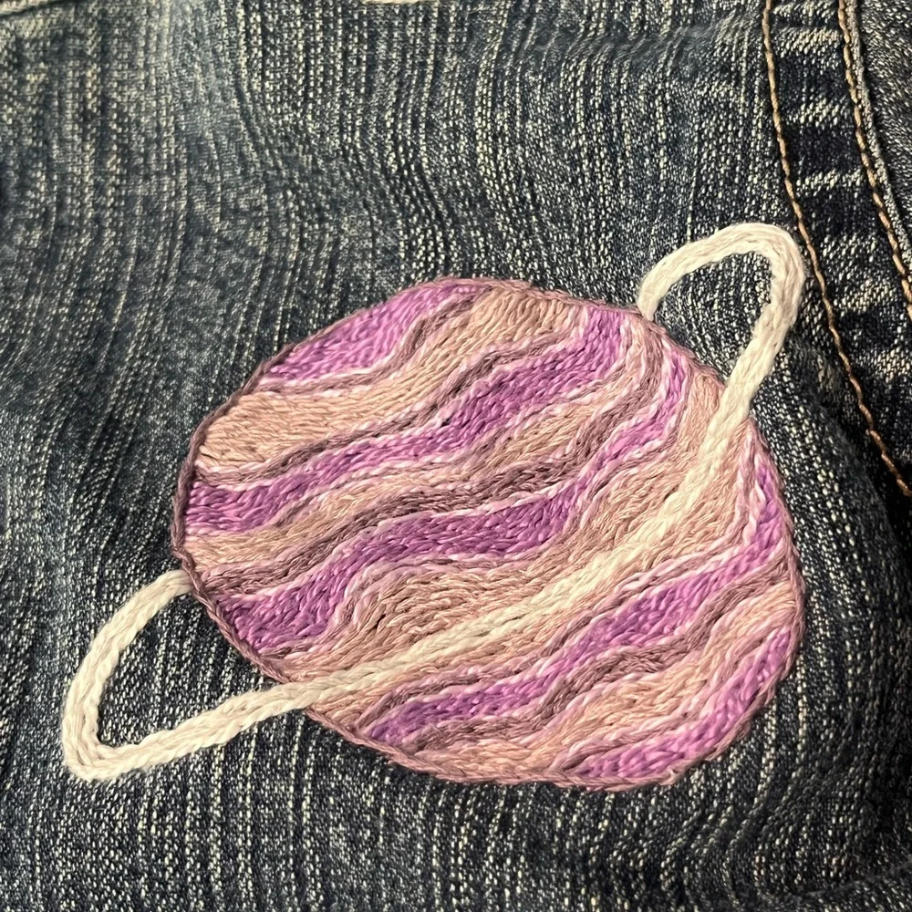 Custom Hand Embroidered Girls Denim‎ Jean Jacket w/Colorful Sun, Planets & Stars - Picture 10 of 14